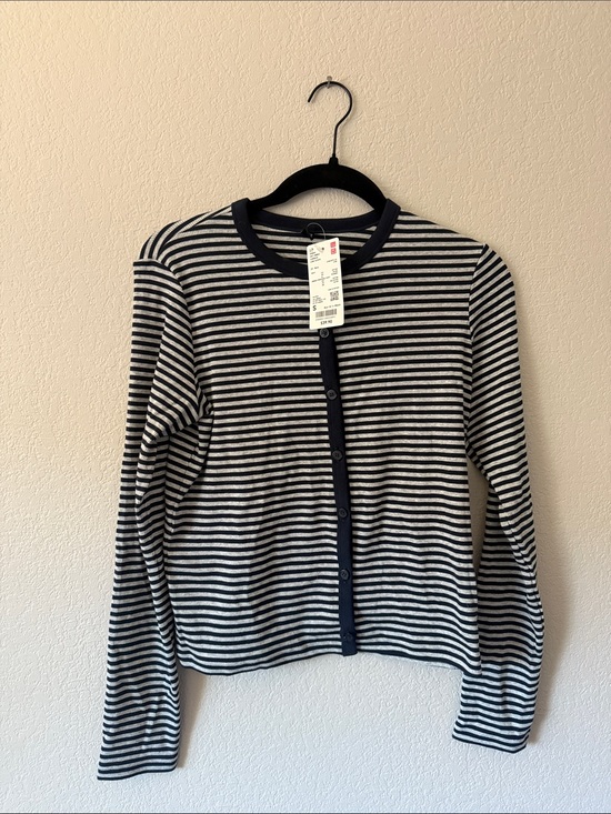 Uniqlo Tops - Uniqlo Navy and White Striped Button-Front Cardigan
